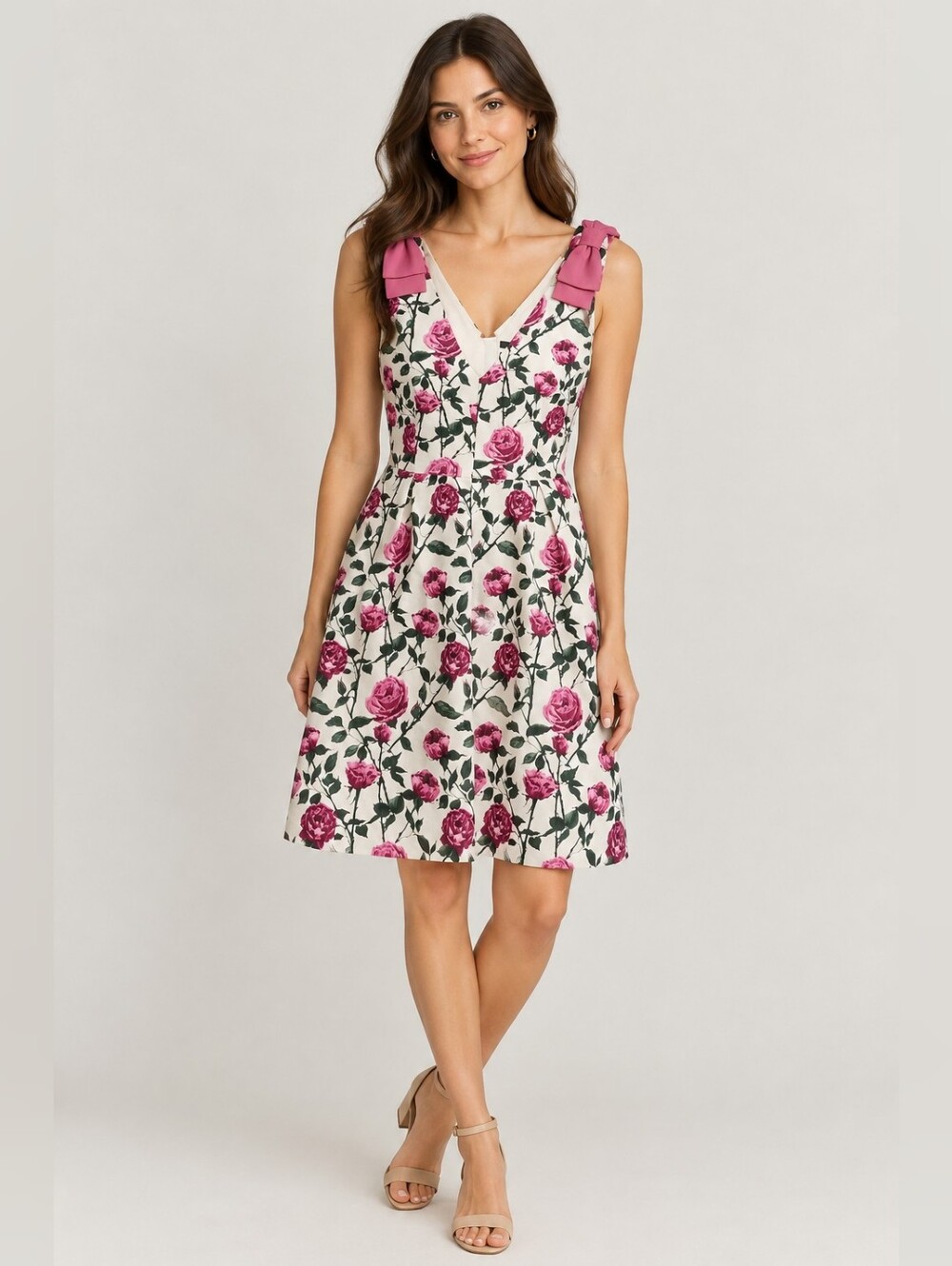 RW&CO. Cream Dress with Pink Rose Print and Pink Bow Straps